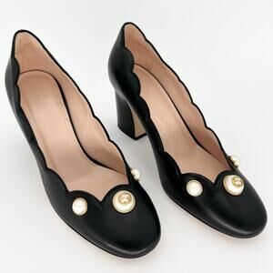 GUCCI Willow Loafer Pumps EU 37.5 US 7.5 Black GG Logo Pearl Scalloped Leather